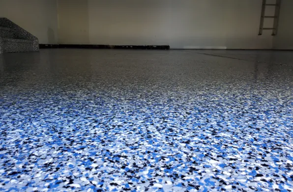 Blue and gray epoxy garage floor.