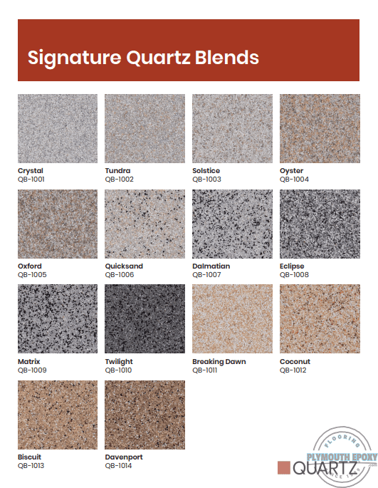 A sheet of different colors with the names of the 1 2 signature quartz blends.