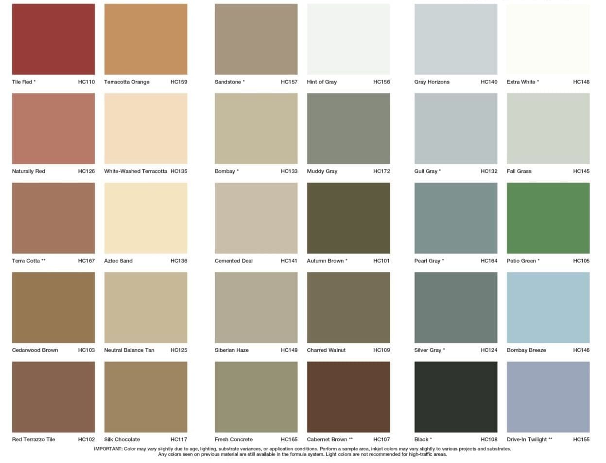 A color chart of different colors and shades.