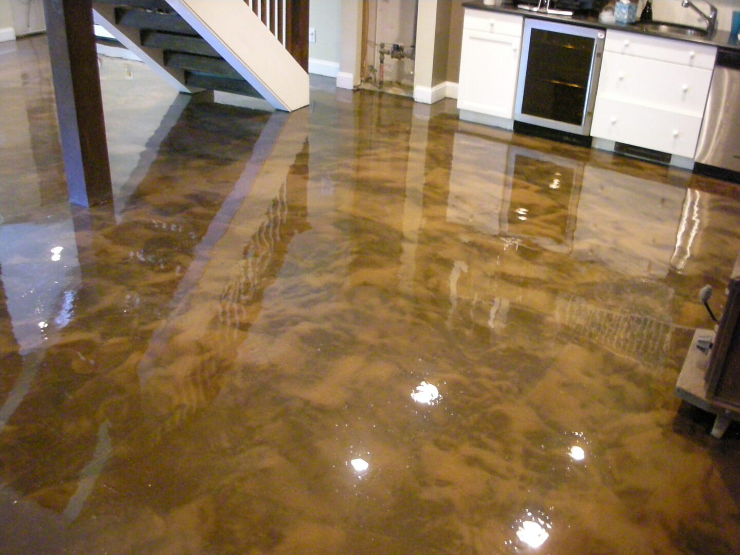 basement floor coating with metalic epoxy